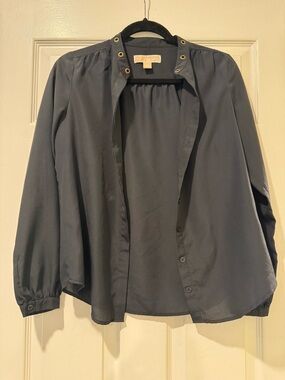 Michael Kors Dark Navy Button-Front Blouse with Grommet Collar